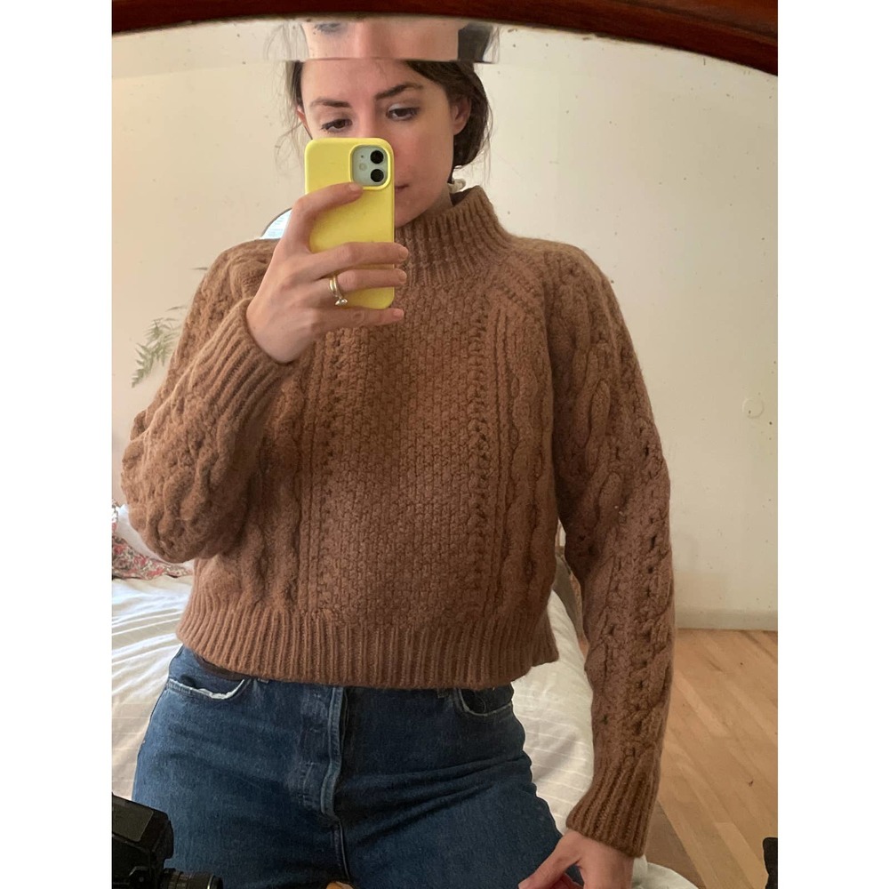 Bash Cable Knit Cropped Brown Pullover Sweater in Caramel, Size XS